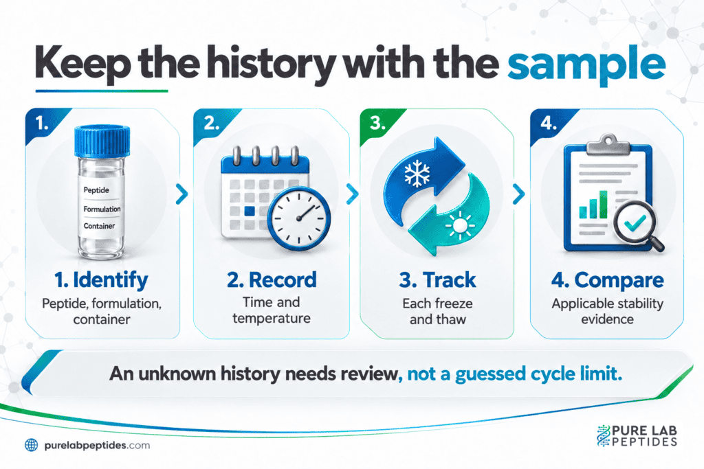 Four parts of a freeze-thaw record: material state, exposure history, container conditions and analytical evidence.
